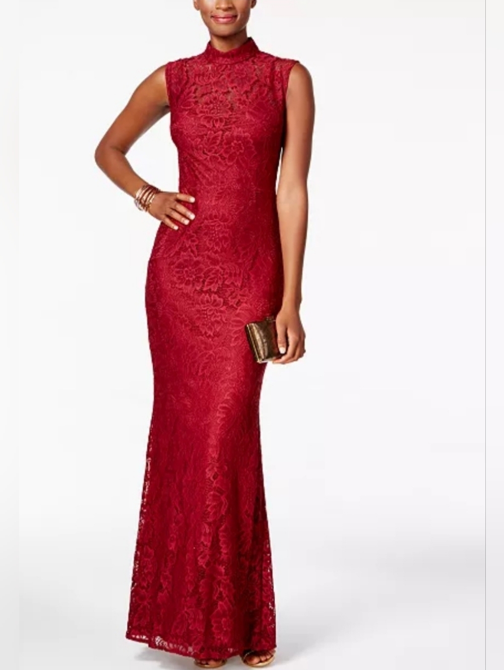 Betsy & Adam Burgundy Lace Evening Dress